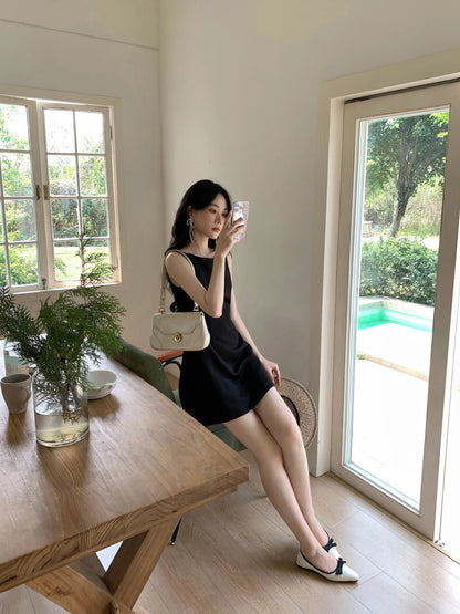 French Black Sleeveless Mini Dress Women Summer Slim Fit A-Line One-Shoulder Strap Dress Petite Elegant Casual Vacation Outfit
