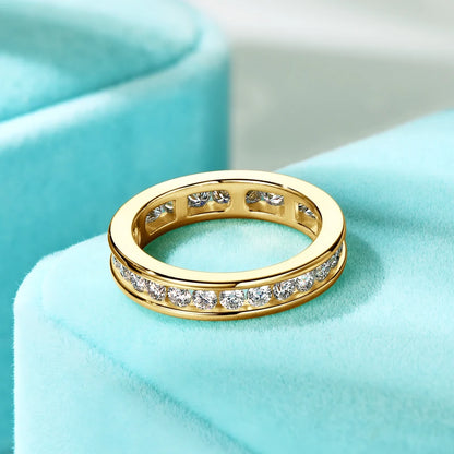 S925 Silver Groove Inlaid D VVS1 Round Moissanite Ring for Women Fashion Wedding Ring Eternity Band with Certificate