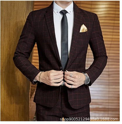 Men's Slim Fit Plaid Wedding Suit Jacket Korean Style Business Casual Single-breasted Suit with Set Wedding Groomsmen Wear