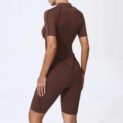 Zipper Short-sleeved Yoga Sports Fitness Jumpsuits Sets Without Chest Pad Tight Bodysuits Shorts Gym Workout Clothes for Women