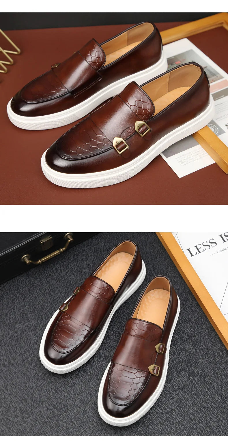 Fashion Men's Casual Shoes Snakeskin Grain Leather Men Retro British Style Loafers Monk Shoes Mens Slip-on Outdoor Driving Flats