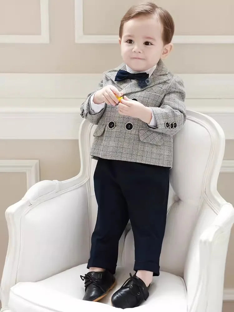 Children Photograph Suit Boys Jacket Pants Bowtie Flower 4PCS Wedding Suit NewBorn Kids Ceremony Party Tuxedo Dress Baby Costume