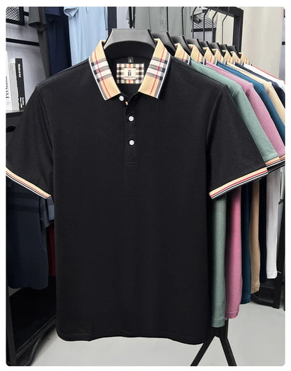 Fashion brand luxury short sleeve polo shirt men summer quality silky cotton breathable business casual striped collar T-shirt