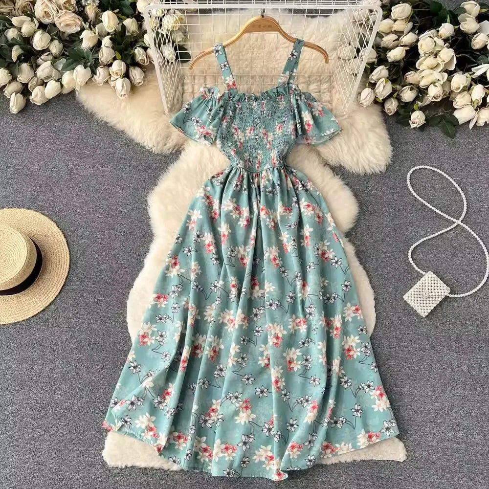 Romantic Floral Print Long Summer Dress Women Fashion Off Shoulders Straps Vacation Beach Dress Korean Party Vestidos