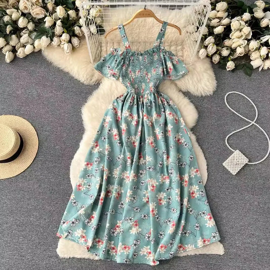 Romantic Floral Print Long Summer Dress Women Fashion Off Shoulders Straps Vacation Beach Dress Korean Party Vestidos