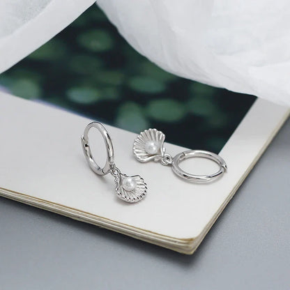 925 Sterling Silver Romantic Sea Shell Pendant Synthetic Pearl Drop Earrings for Women Trendy Beach Bohemian Part Jewelry