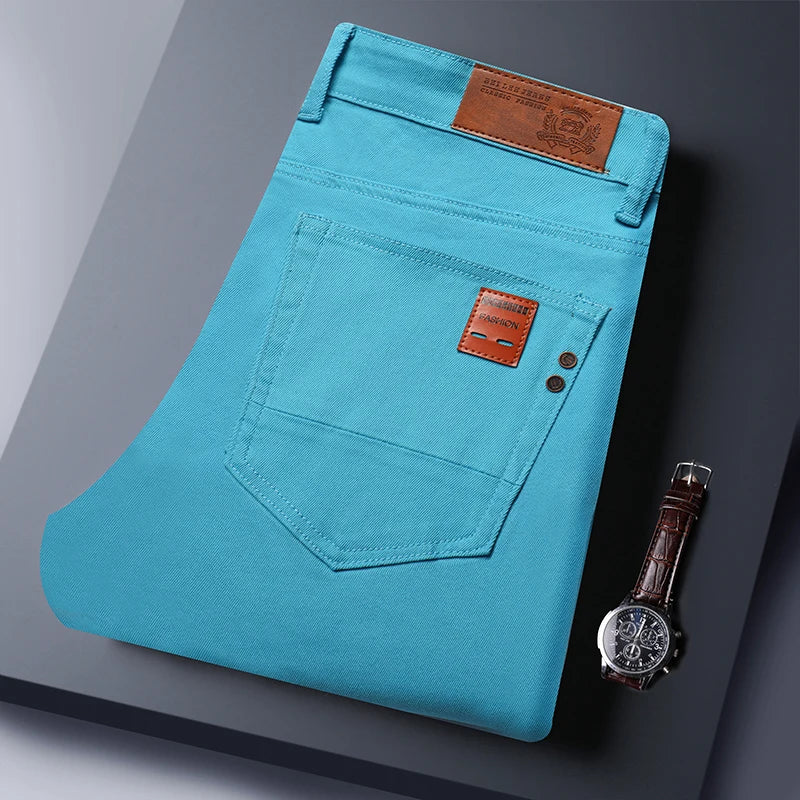 2025 Autumn Men's Elastic Colorful Jeans Breathable Casual  Straight Fitted Solid Color Denim Pants Korean Fashion Trousers