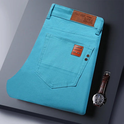 2025 Autumn Men's Elastic Colorful Jeans Breathable Casual  Straight Fitted Solid Color Denim Pants Korean Fashion Trousers