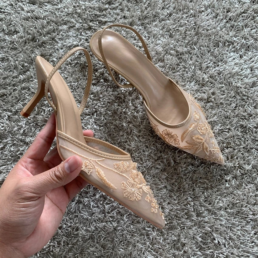Fashion Sandals Women String Bead High Heels Mules Shoes Pointed Toe Slingback Slippers Women Zapatos De Mujer
