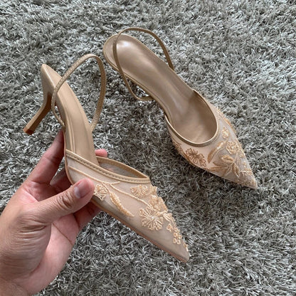 Fashion Sandals Women String Bead High Heels Mules Shoes Pointed Toe Slingback Slippers Women Zapatos De Mujer