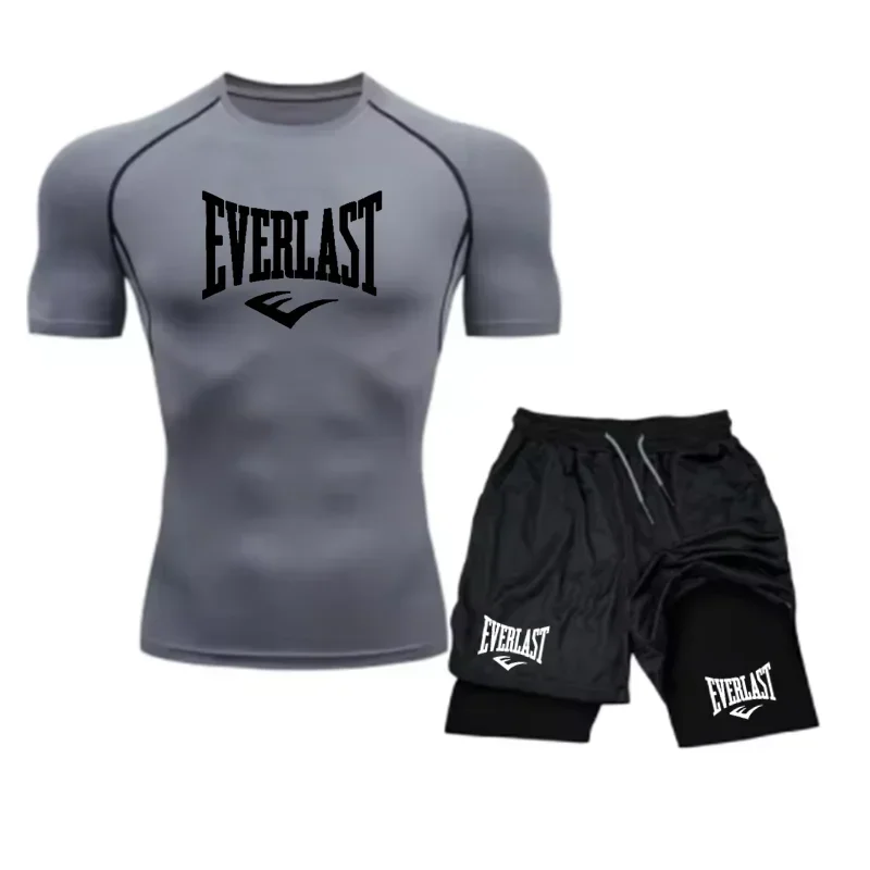 Men's Compress Shirt + 2-in-1 sports shorts 2pcs Set Leisure Breath Short Sleeve Sport Jogging Gym Brand Print Clothing