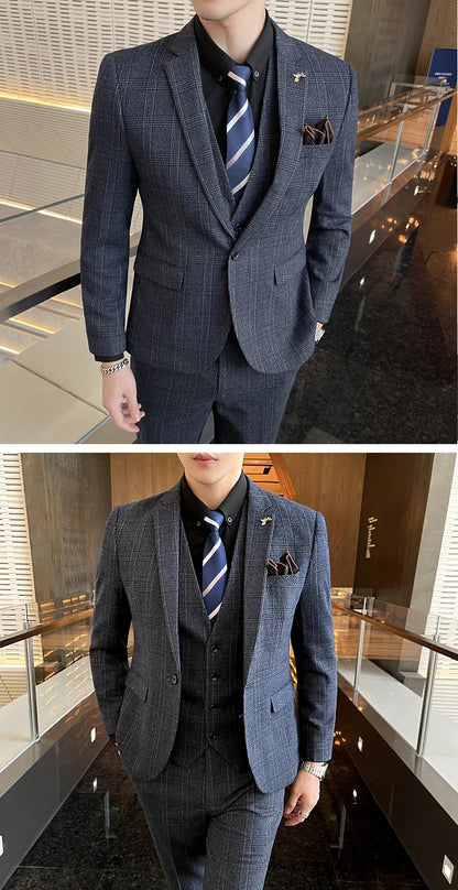Checkered Suit (Blazer+Vest+Pants) Men's Fashion Hosting Work Business Wedding Casual Linen Art Style Elegant Gentleman's Suit
