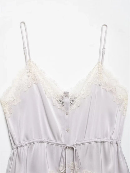 Women's Top 2026 New Spring Summer Lace Decoration Satin Textured Top for Women Chic Personality Female Spaghetti Strap Top