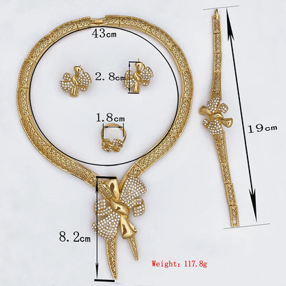 Conjunto de Joias Femininas Banhadas a Ouro 18k, Design Clássico, Colar, Brinco, Pulseira e Anel, Conjunto de 4 Peças, Joias para Festa de Casamento, Itália