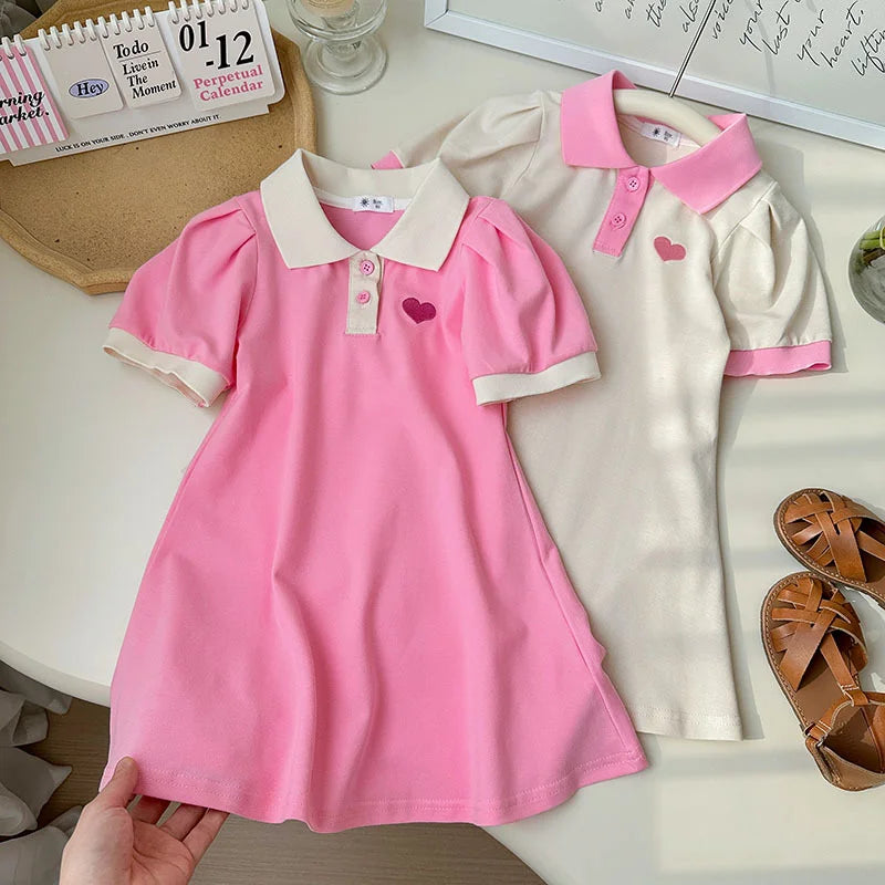 Girls Cotton Lapel Collar Dress Cute Solid Color  Pink  A-line Dress Kids Casual Skin-friendly Daily  Dress
