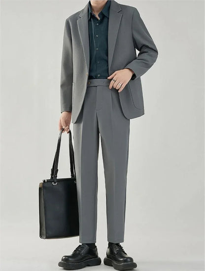 2 Piece Outfit Set Male Solid Color Youth Trends Costumes Ceremony Pants Full Men's Suits and Blazers Clothes Classic Elegant
