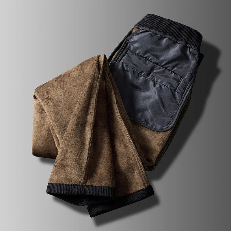 2025 New Winter Fleece Warm Corduroy Pants Men Business Fashion Slim Fit Stretch Thicken Gray Khaki Fluff Casual Trousers Male