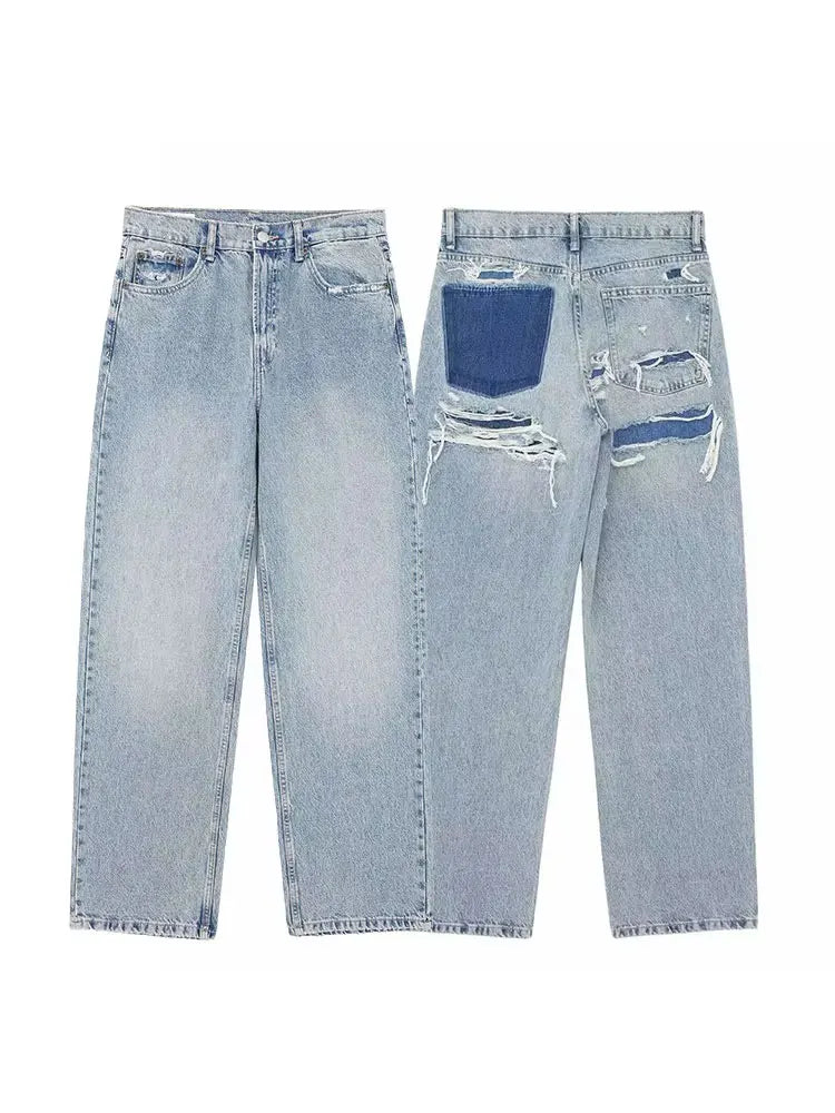 Women's Street Fashion Denim Blue Jeans Distressed Patchwork High Waist Zipper Fly Ripped Retro Long Pants