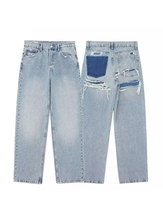 Women's Street Fashion Denim Blue Jeans Distressed Patchwork High Waist Zipper Fly Ripped Retro Long Pants