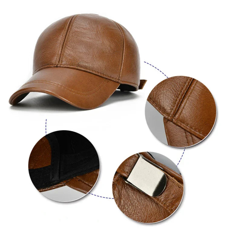 Adjustable Men's Genuine Cowhide Leather Baseball Cap for Fall Winter Outdoor Sports Hat Men Real Cowhide Leather Caps