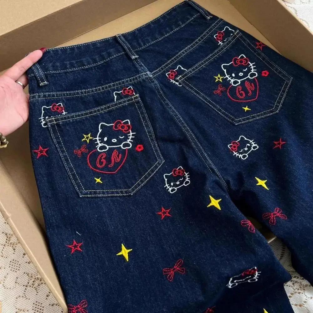 American Style Y2K Hello Kitty Denim Pants Sanrios Anime Girls Jeans Kawaii New Women Summer Cat Embroidered Slim Straight Pants