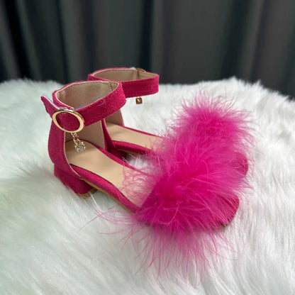 Toddler Girls Sandals Summer Low-heels Children's Sandals Open-toe Princess Fluffy New Versatile Kids Fashion Ankle-strap Shoes