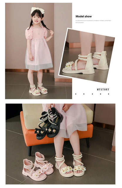 Children's Sandals Summer Bowtie Princess Shoes for Girls Fashion Sweet Kids Causal Pearl Roman Sandals Solid Color Hook Loop