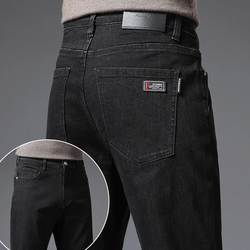 Calça Jeans Masculina Coreana Macia Elástica Slim Fit Negócios Casual Reta Jeans Clássica Marca Azul Lavado Cinza