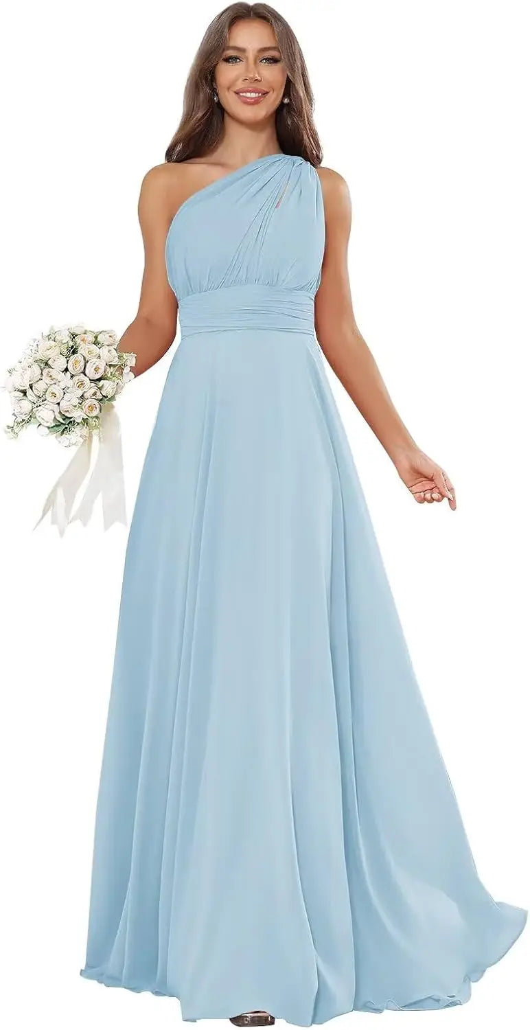 Vestidos de Daminha de Um Ombro para Mulheres Vestido de Noite Formal Longo de Chiffon Plissado Vestidos de Madrinha para Casamentos