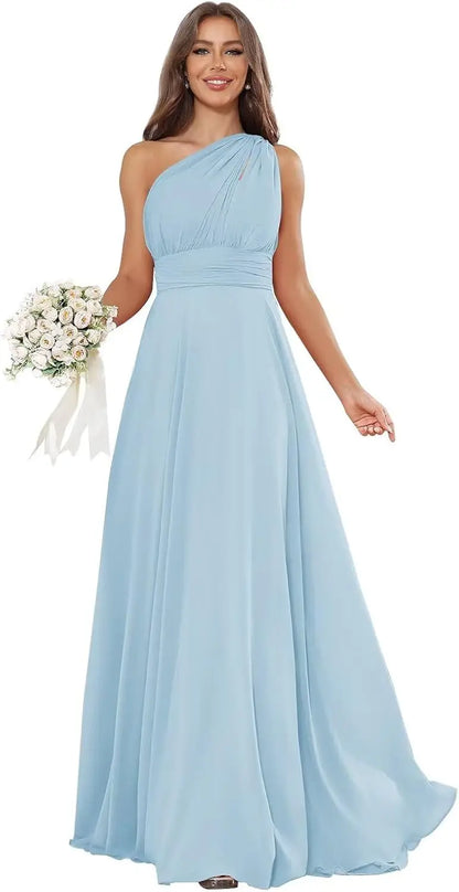 Vestidos de Daminha de Um Ombro para Mulheres Vestido de Noite Formal Longo de Chiffon Plissado Vestidos de Madrinha para Casamentos