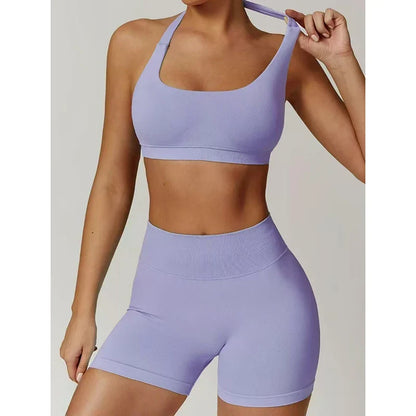 Sexy Halter Neck Beautiful Back High Waist Peach Sports Bras Shorts Suit Pilates Gathering Yoga Vest Training Fitness Bra Sets
