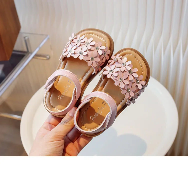 Little Girls Floral Bohemian Sandals with Beads Princess Sweet Kids Summer Shoes Open Toes Anti-skid Size 22-31Hook & Loop Cute
