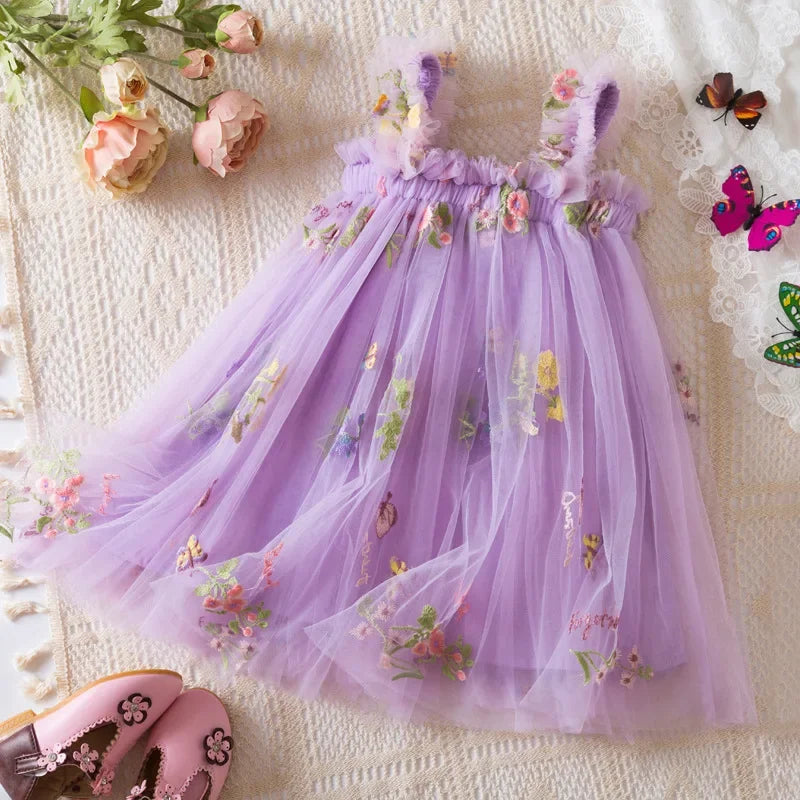 2026 All New Summer Tulle Toddler Girls Princess Dress 3D Butterfly Floral Embroidery Puff Skirt Girl's Party Gift Dress