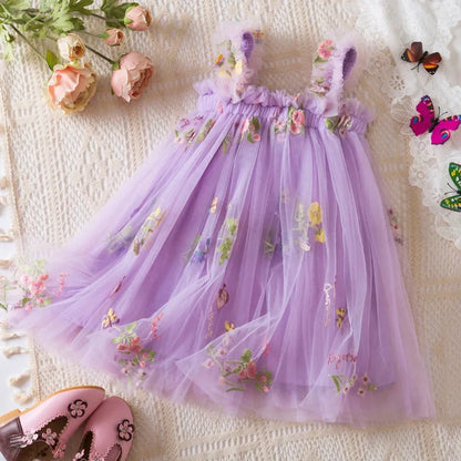 2026 All New Summer Tulle Toddler Girls Princess Dress 3D Butterfly Floral Embroidery Puff Skirt Girl's Party Gift Dress