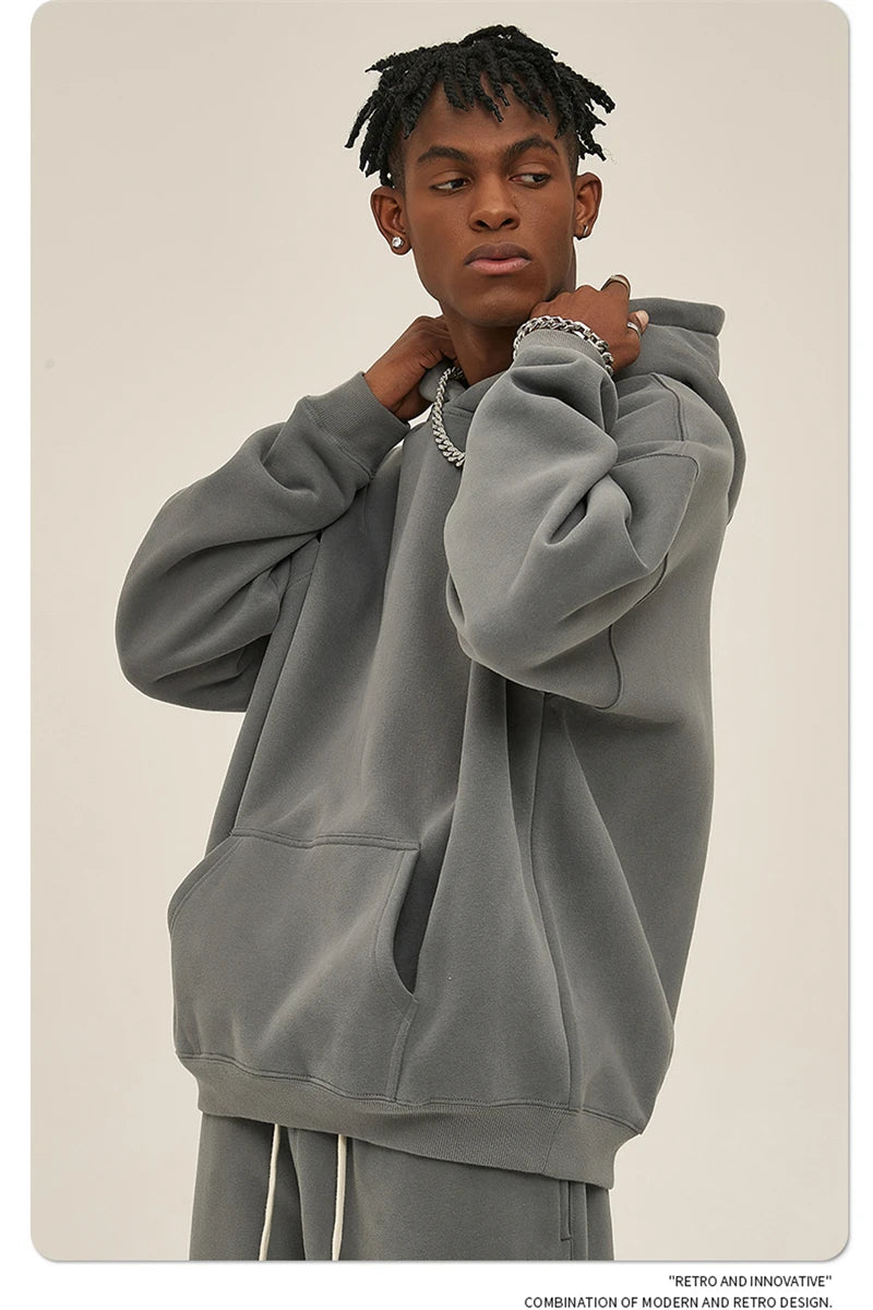 Thick 350gsm Fleece Hooded Hoodies For Men Unisex Winter Oversized Loose Basic Solid Sweatshirts Pullovers Coats HY0631
