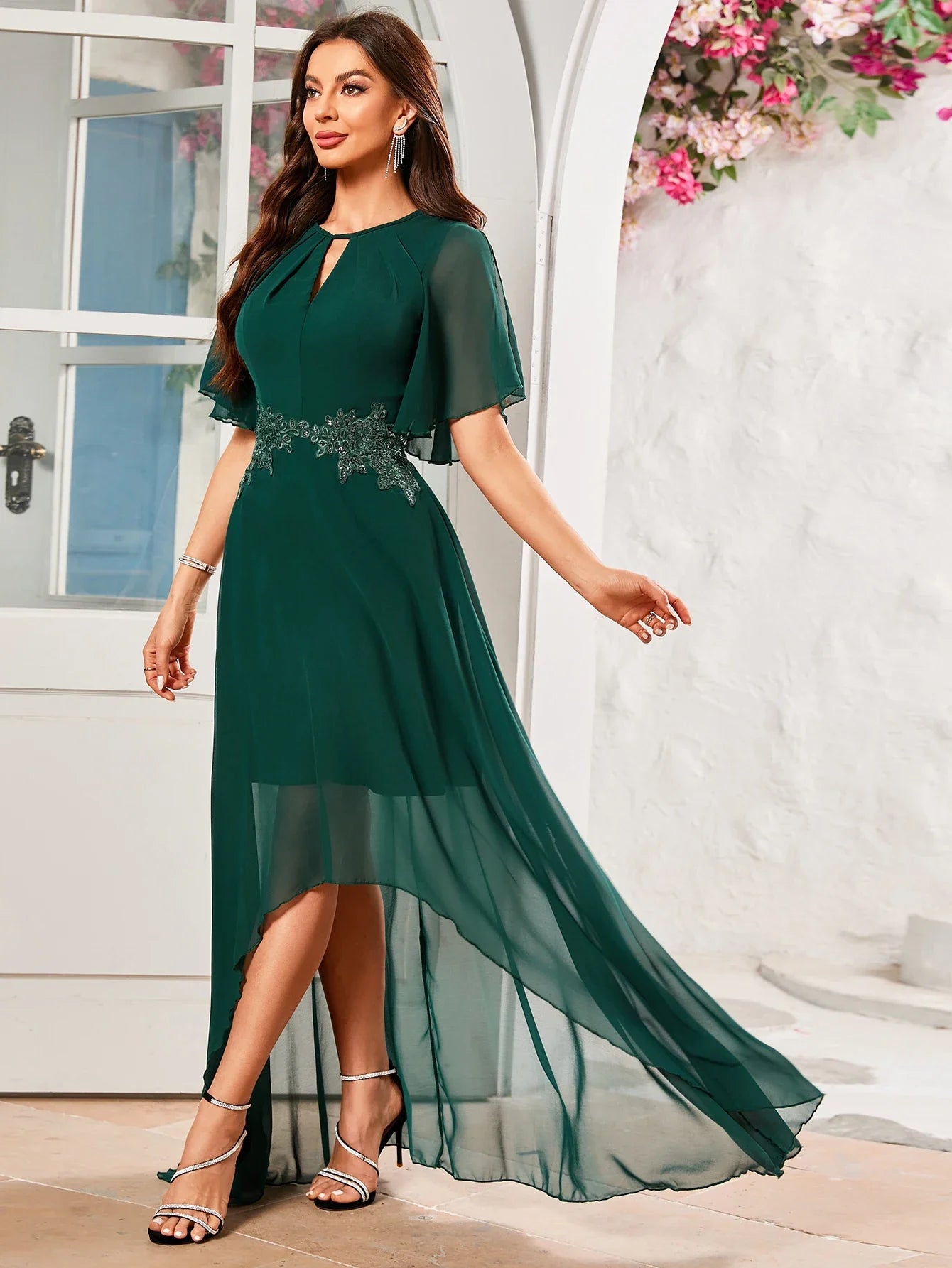 Embroidery Lace Butterfly Sleeve Back Split Long Dress With Keyhole Neckline And Waistband Bridesmaid Dress