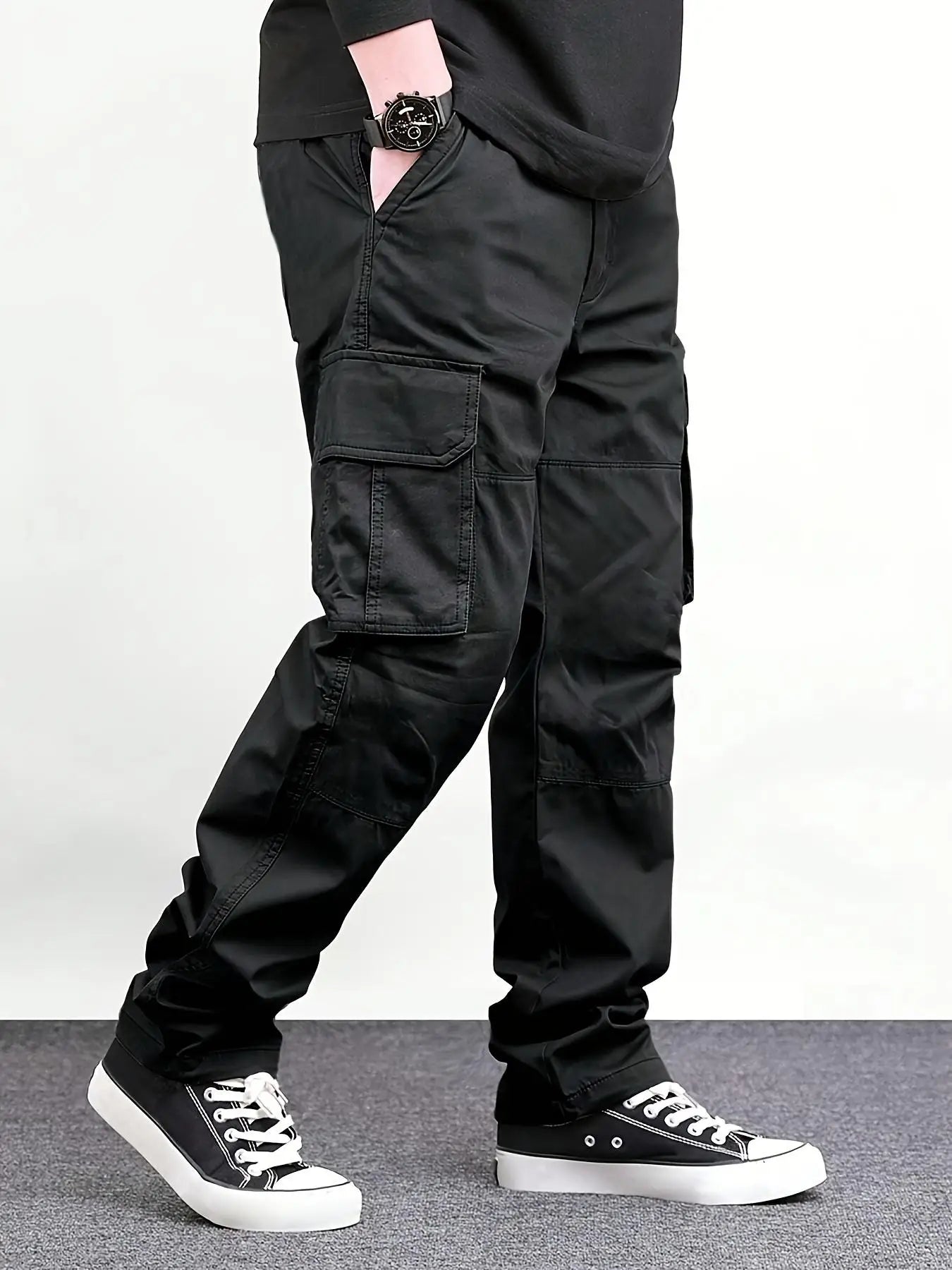 Men's Regular Plain Overalls with Drawstrings and Large Flap Pocket Pantss, Functional Multi-Pocket Straight Pants, Suitable for Holiday, Street, Daily Leisure, Running, Multi-Scenario, Suitable for All Seasons