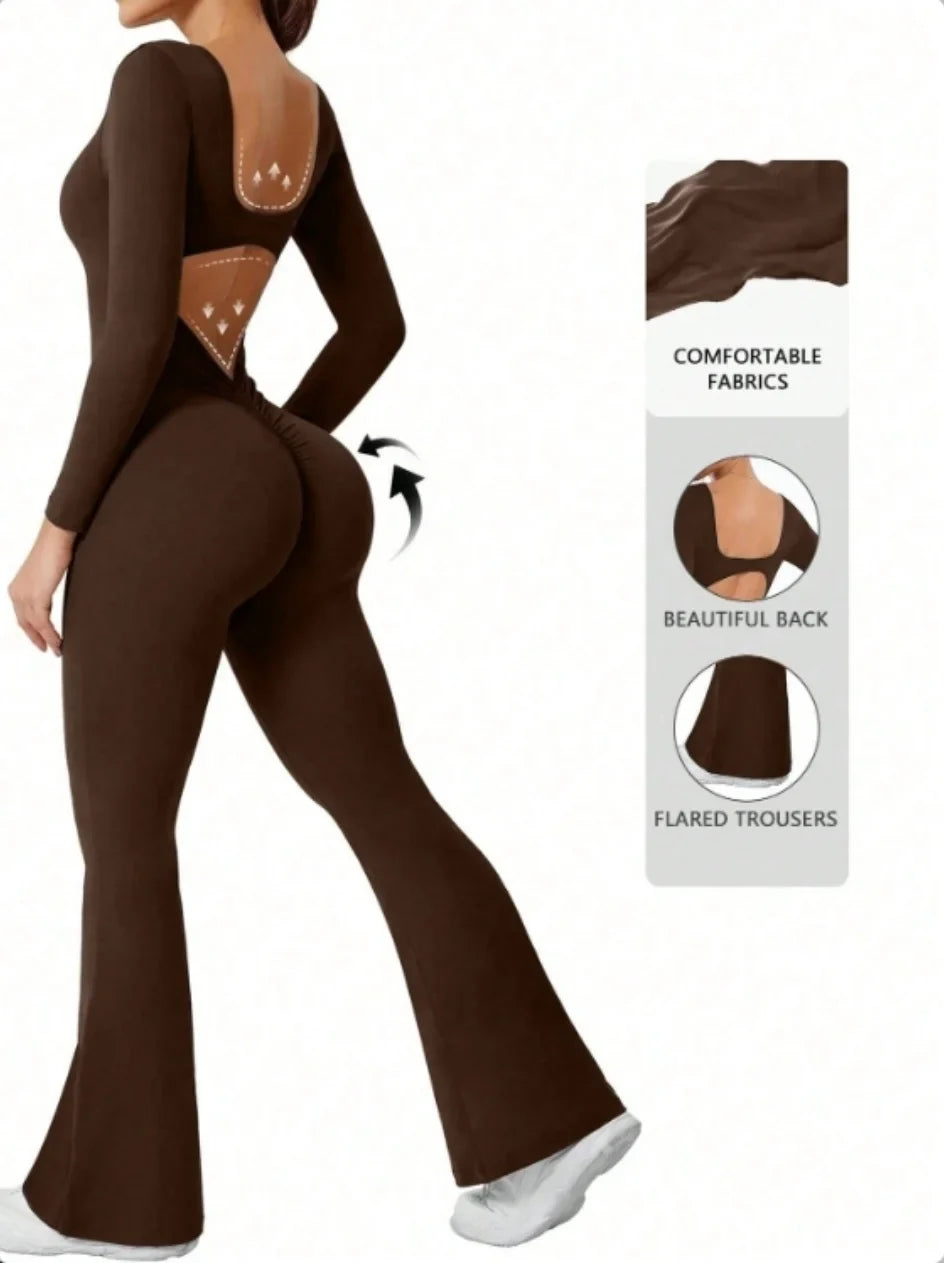 High quality solid color long sleeved compression exercise jumpsuit women's sportswear bell bottom pants sexy push up yoga set
