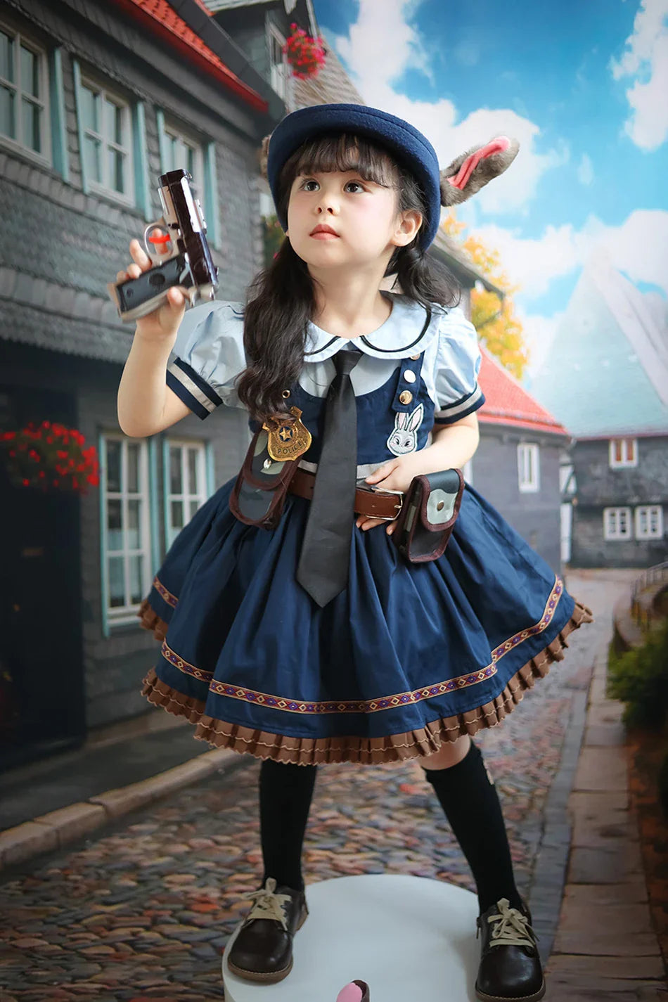 Judy Cosplay Costume Kids Carnival Party Dress Girls Tie Headdress Belt Socks Sets Police Role Play Movie Uniform Birthday Gift