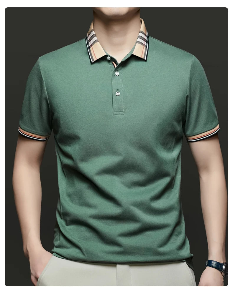 Fashion brand luxury short sleeve polo shirt men summer quality silky cotton breathable business casual striped collar T-shirt