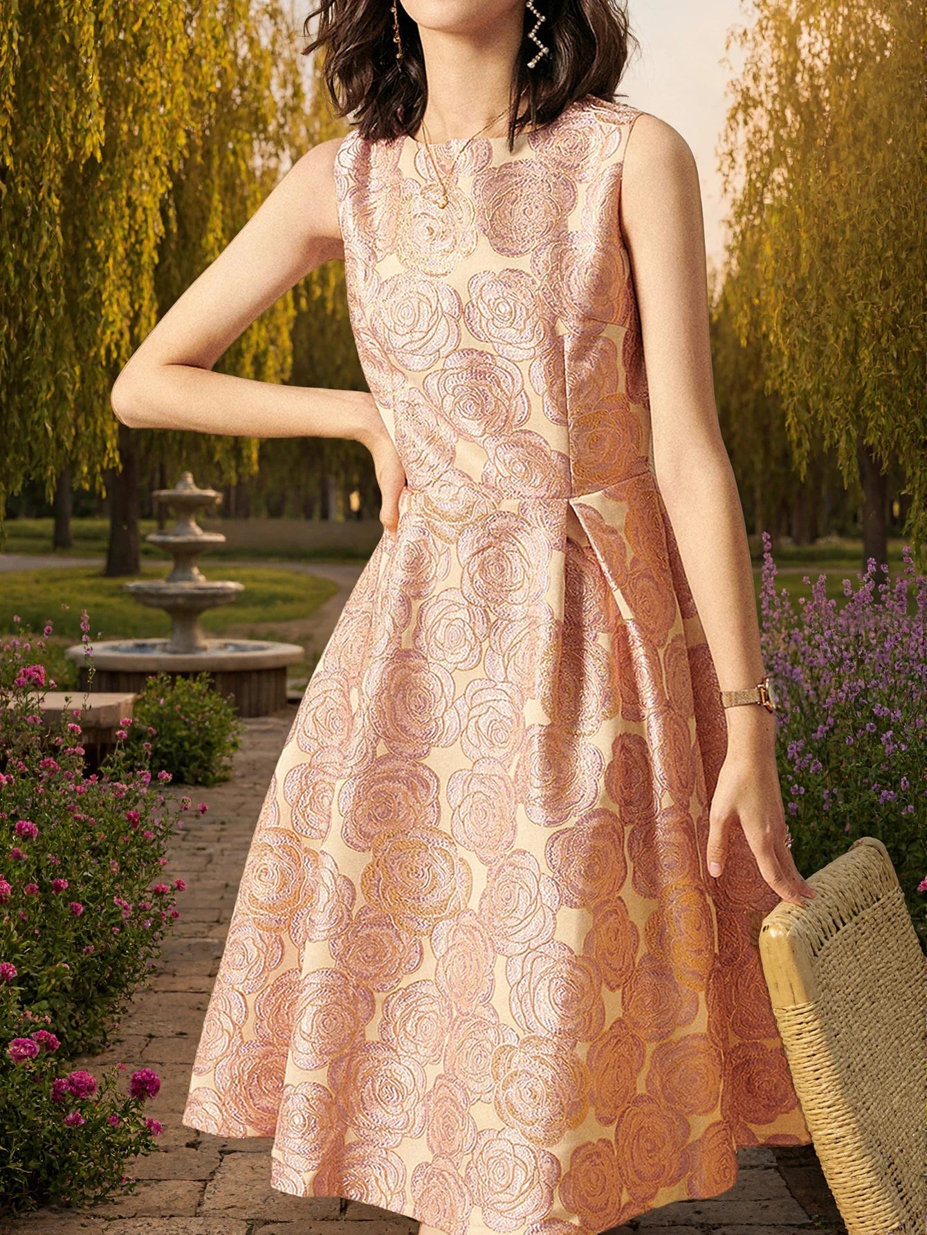 Elegant Women Sleeveless Summer Jacquard Boho Floral Vintage Ladies Party Clothes New A-Line Midi Dress Ladies Gowns