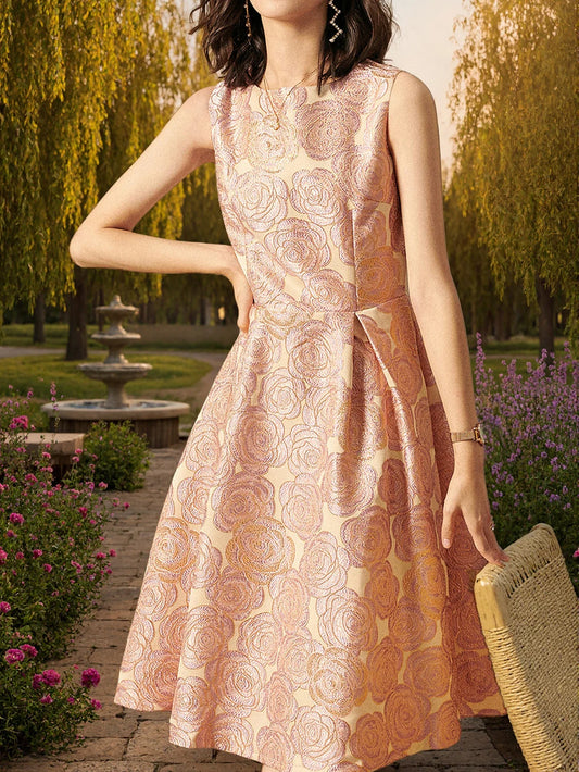Elegant Women Sleeveless Summer Jacquard Boho Floral Vintage Ladies Party Clothes New A-Line Midi Dress Ladies Gowns