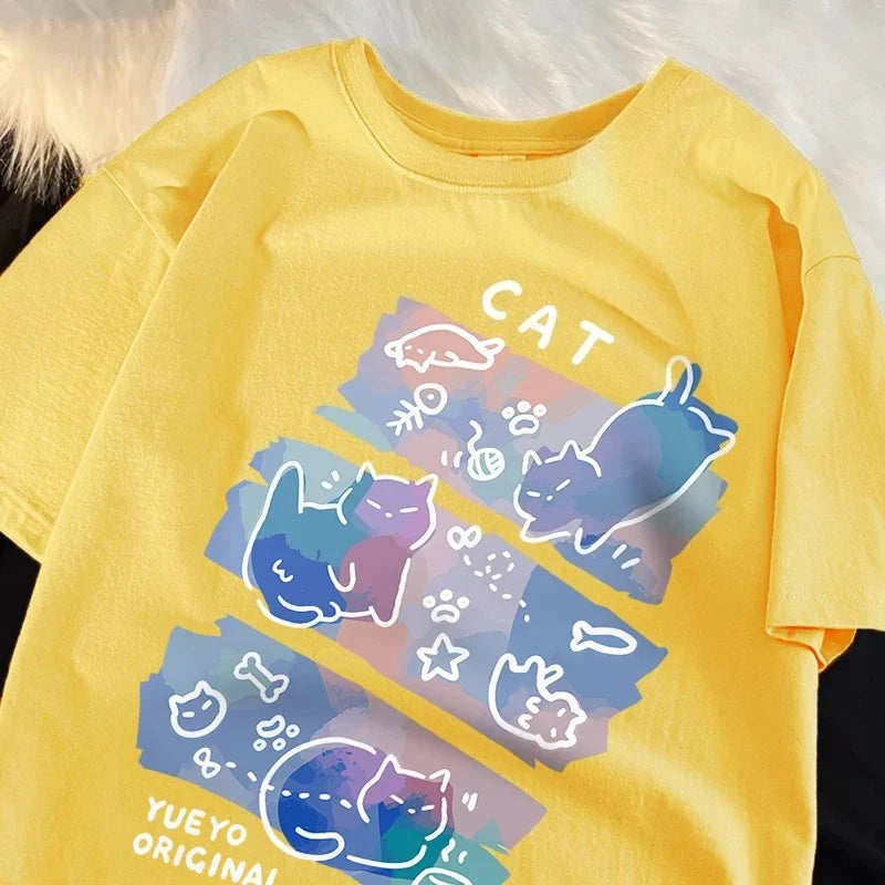 Funny Japanese Style Naughty Cat Print T-shirts for Women Summer Breathable Fashion T-shirts Cartoon Casual Tops Clothing