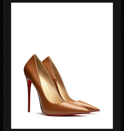 12CM Brown Patent Leather Pumps Women Red Bottom Heels Elegant High Heeled Stilettos Evening Shoe for Party