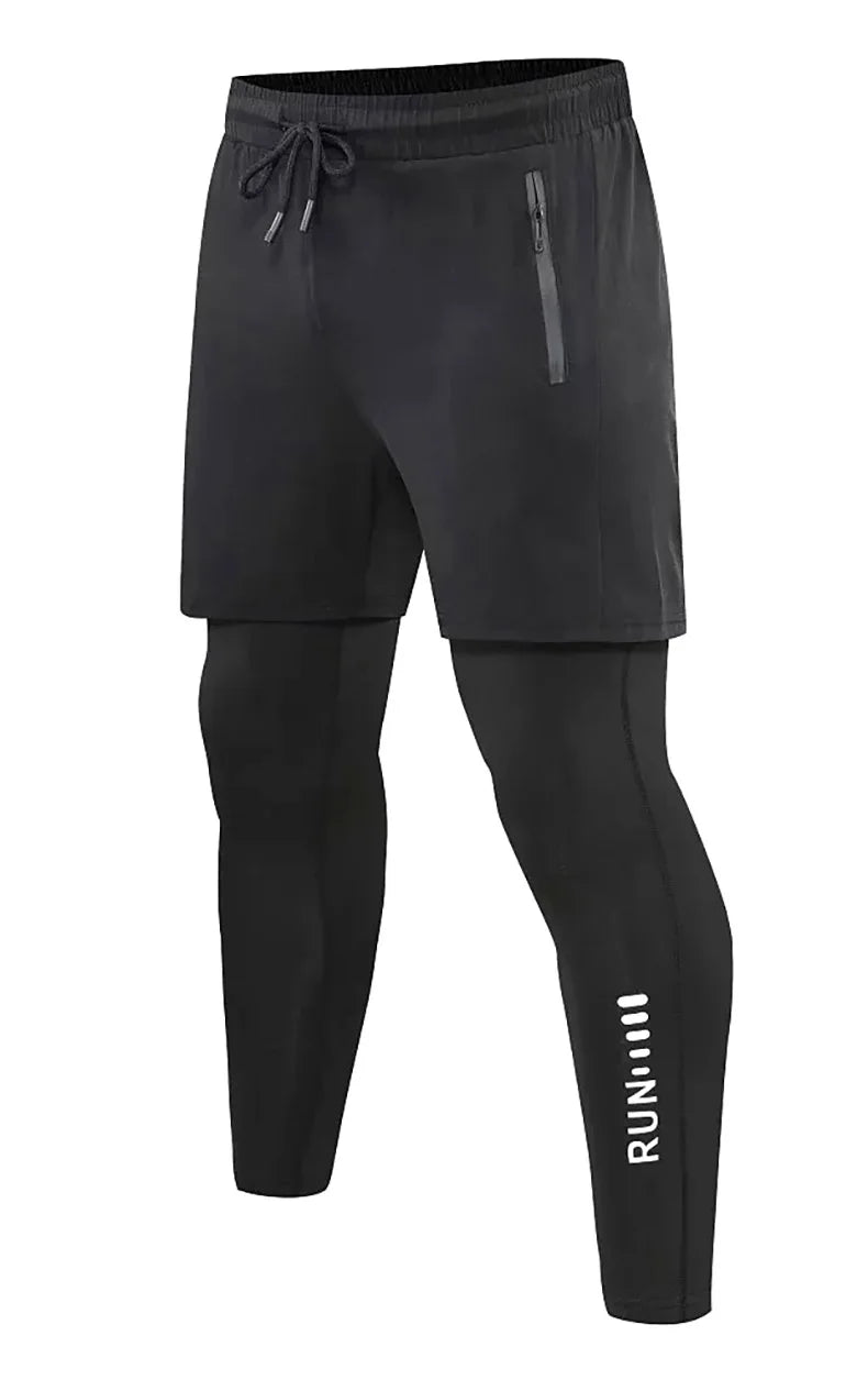 Men 2 In 1 Running Pants Double Layer Pant Tight Training Basketball Legging Fitness Sweatpant With Pockets Running Trousers