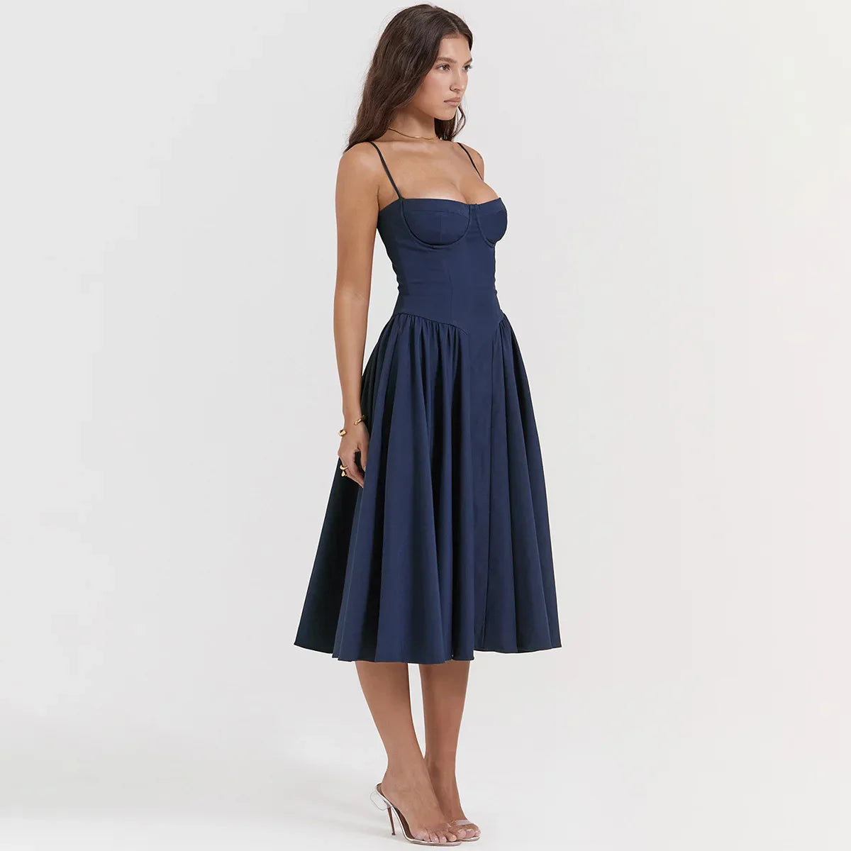 Women Elegant Sleeveless Backless Pleated Dresses Lady Sexy Solid Sling Midi Dress 2024 Female Party Evening A-line Robes