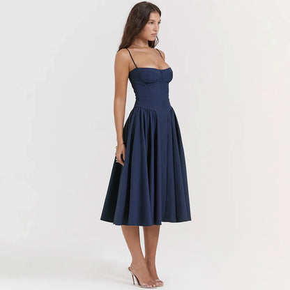 Women Elegant Sleeveless Backless Pleated Dresses Lady Sexy Solid Sling Midi Dress 2024 Female Party Evening A-line Robes