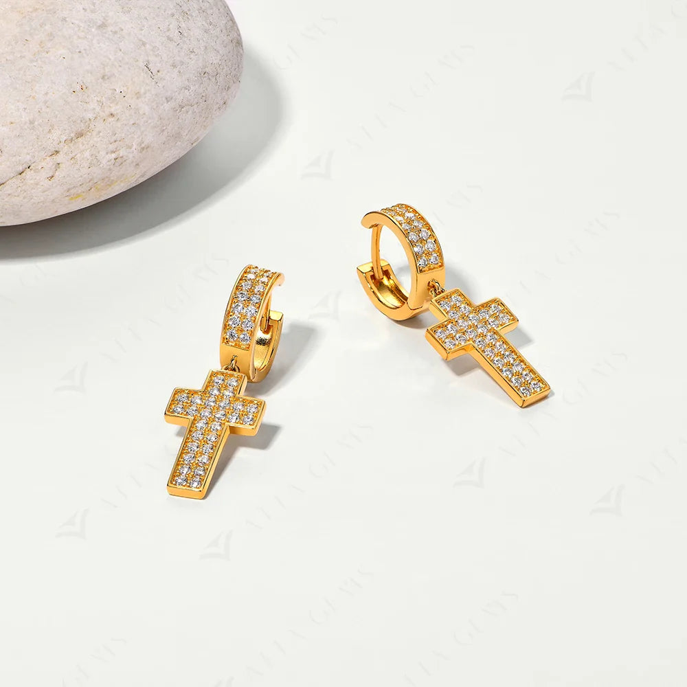 Classic Moissanite Earrings for Women Cross Drop Earrings 925 Sterling Silver Wedding Party 18K Gold Plated Jewelry New