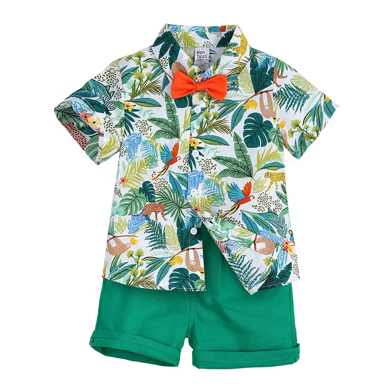 2026 Gentleman  Kids Boys Party Clothing Set Print Hawaii Style Short Sleeve Shirt +Short Pants Formal Suit Seaside Outfits 2Pcs