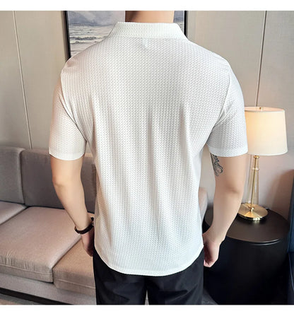 High-Grade Ice Silk Seamless Adhesive Polo Shirt, High-Elastic V-neck Thin Waffle Short-Sleeved Golf Shirt, T-shirt